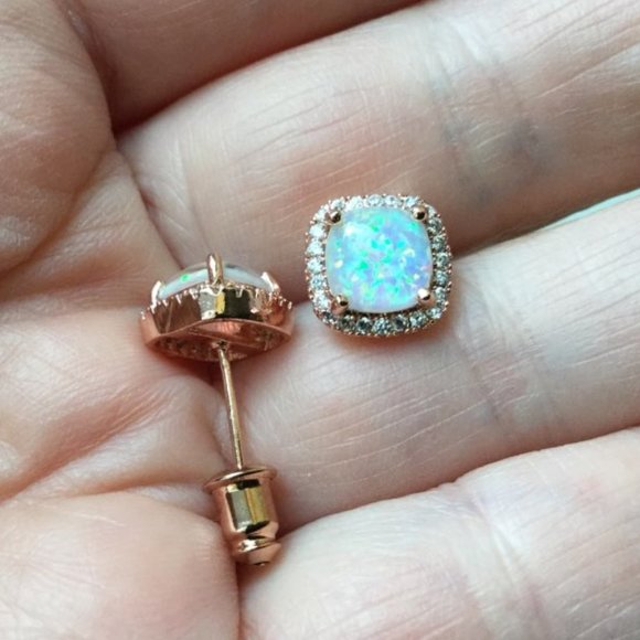 NEW 18K Rose Gold White Opal Diamond Halo Earrings - Picture 6 of 6